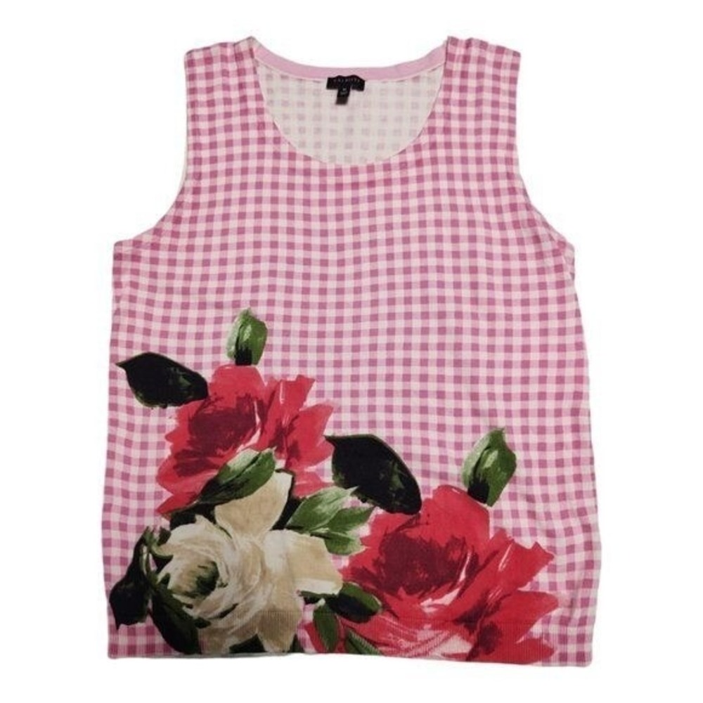 Talbots Pink Gingham Floral Jersey knit Sleeveless Pullover‎ Top Size M